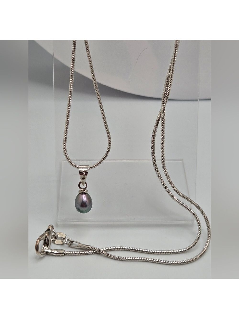 Freshwater Black Dark Real Pearl Necklace 18” Silver Plated Snake Chain NWOT